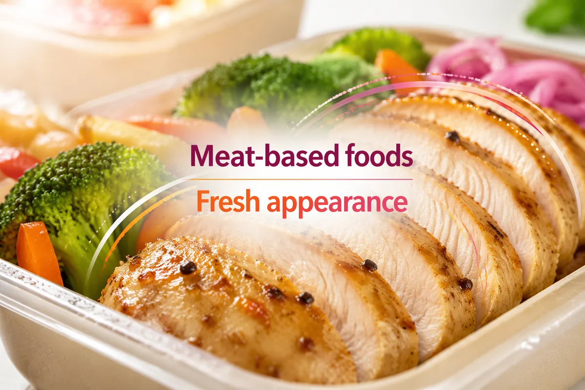 Packed ready meal with sliced cooked chicken and vegetables, a prepared-food format where preservation hurdles are evaluated
